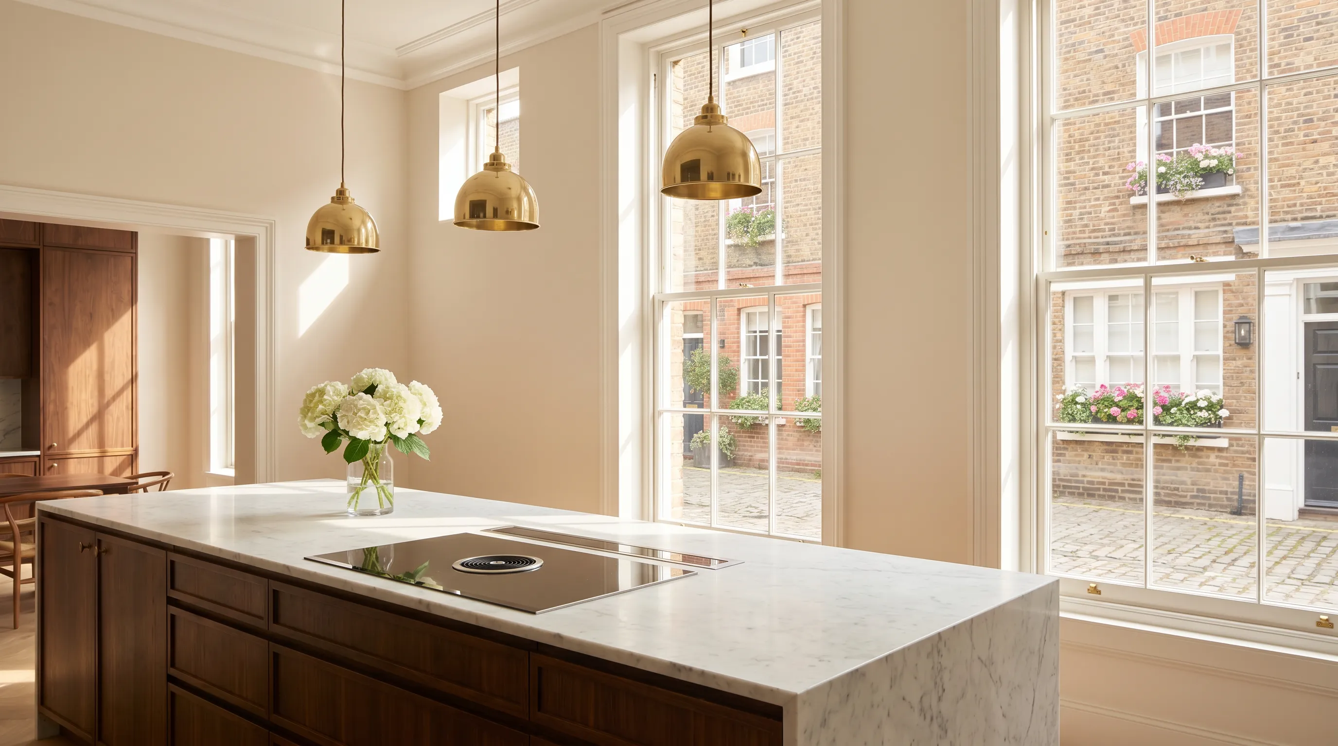 Luxury Chelsea SW3 townhouse kitchen with marble island after professional post-construction cleaning
