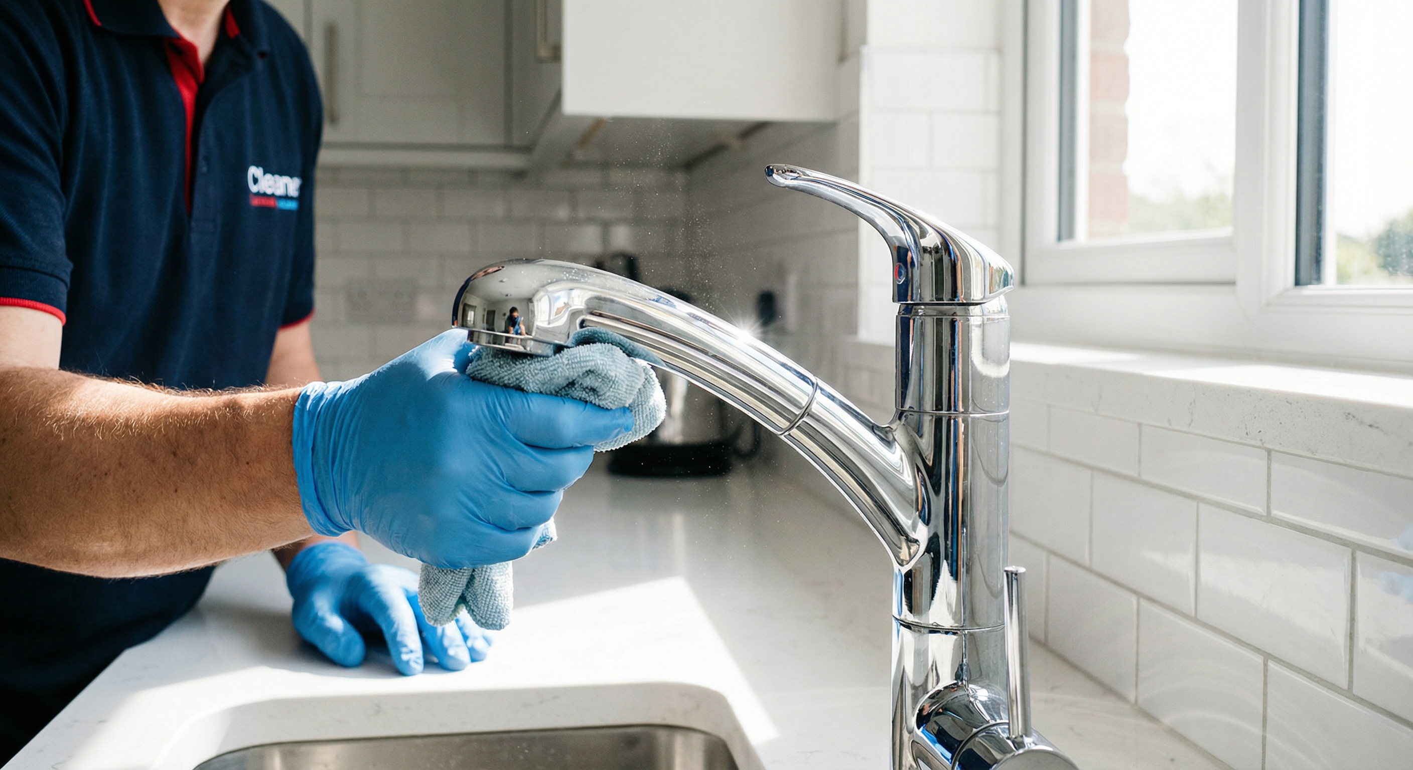 Professional cleaner performing a sparkle clean by polishing a chrome tap in a modern kitchen