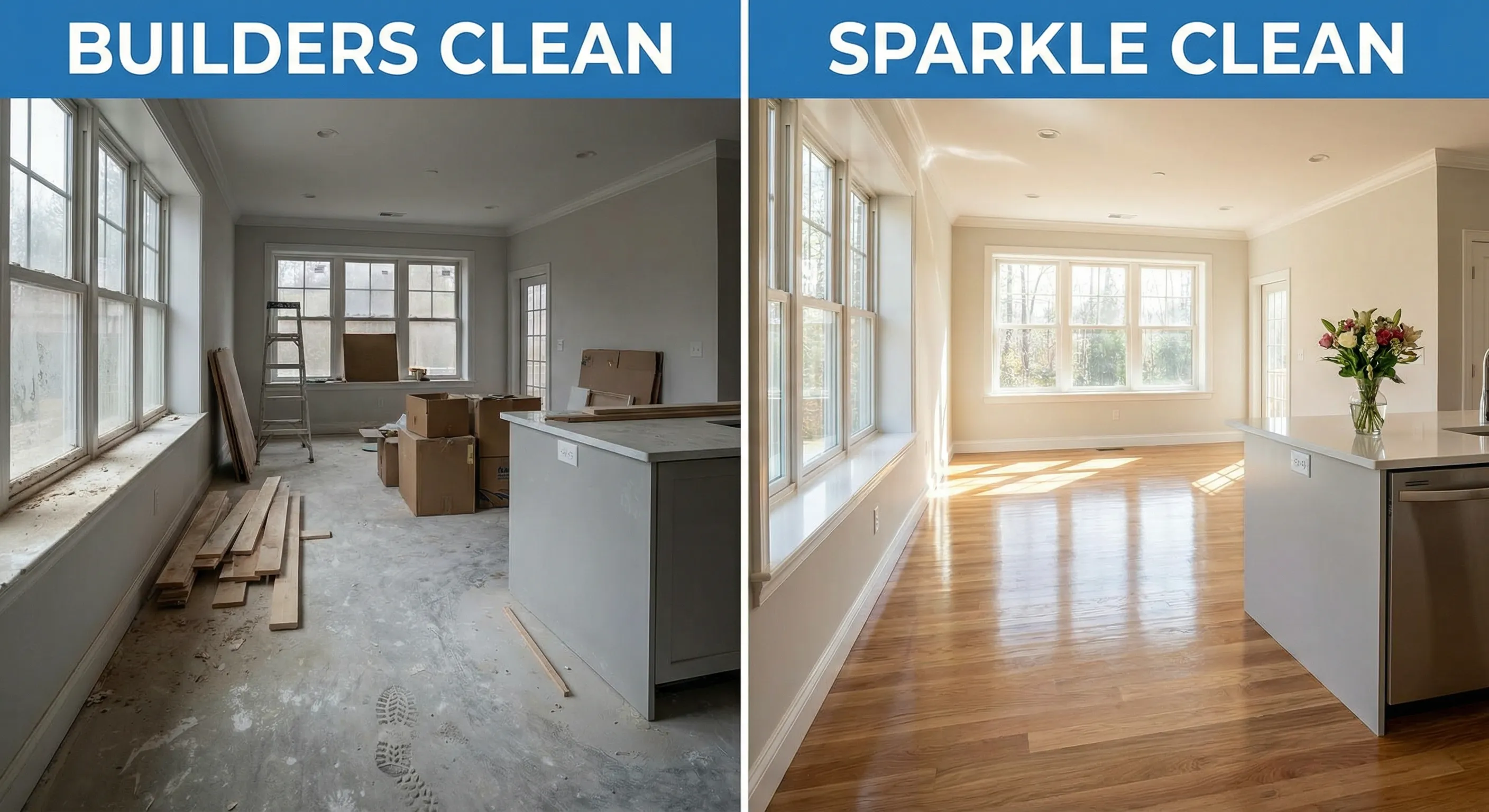Side by side comparison of a dusty construction site and a sparkling clean room after builders cleaning