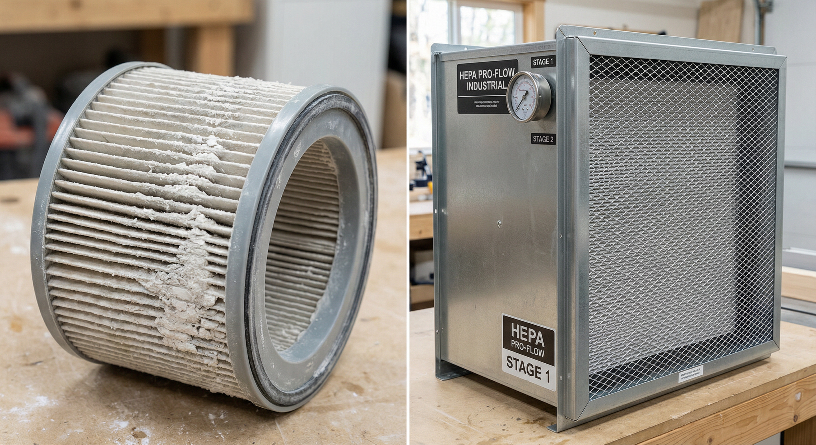 Comparison of domestic vacuum filter clogged with dust versus industrial HEPA filter system