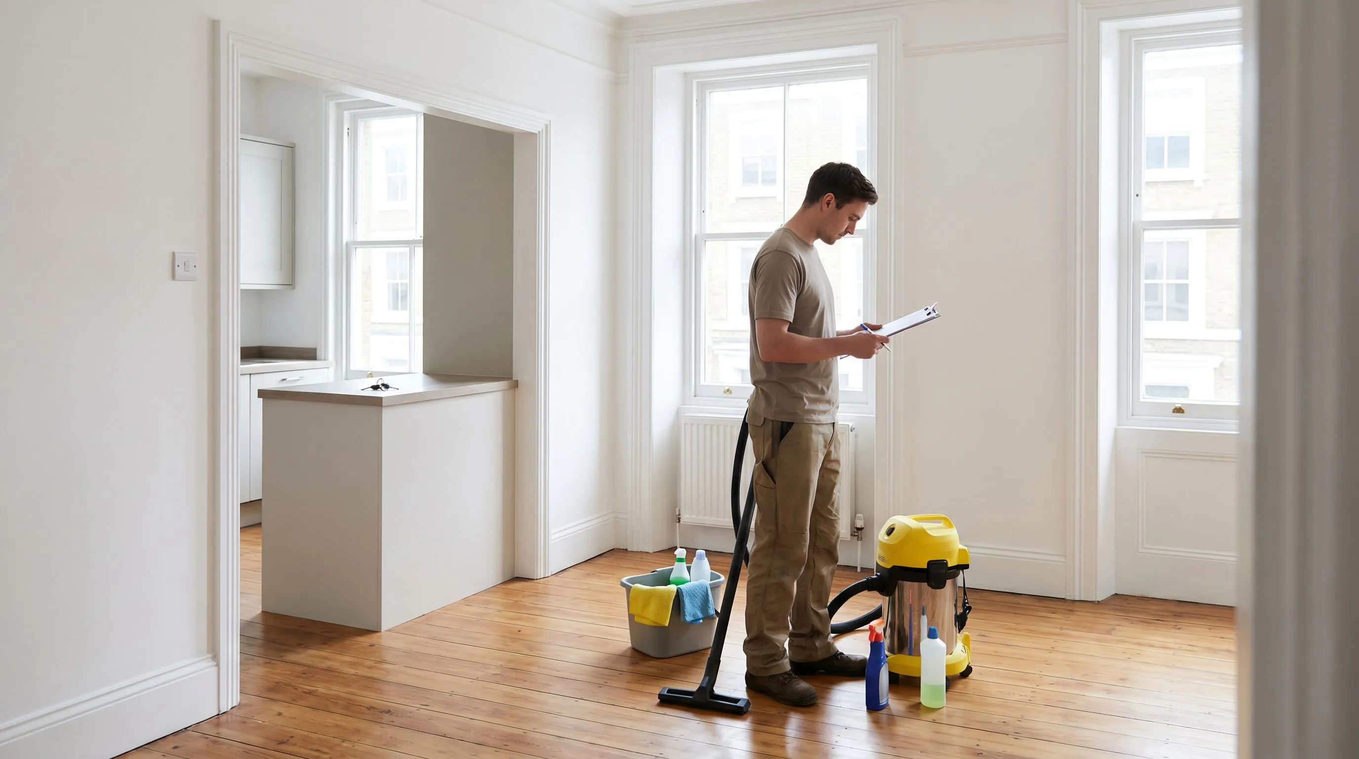 Cleaner checking an end of tenancy cleaning checklist London landlords can use before inspection