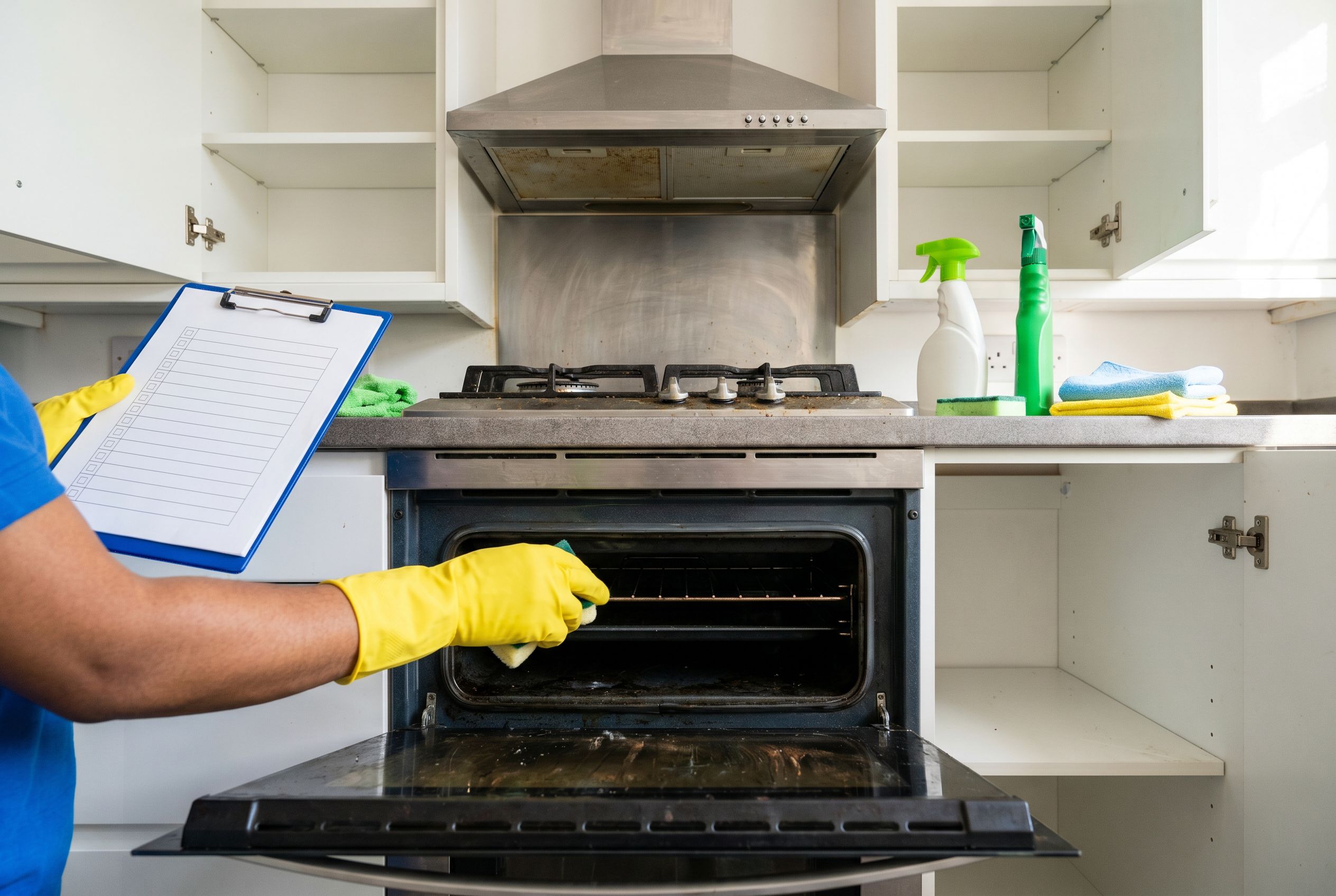 End of tenancy cleaning checklist London kitchen tasks including oven and cupboard cleaning