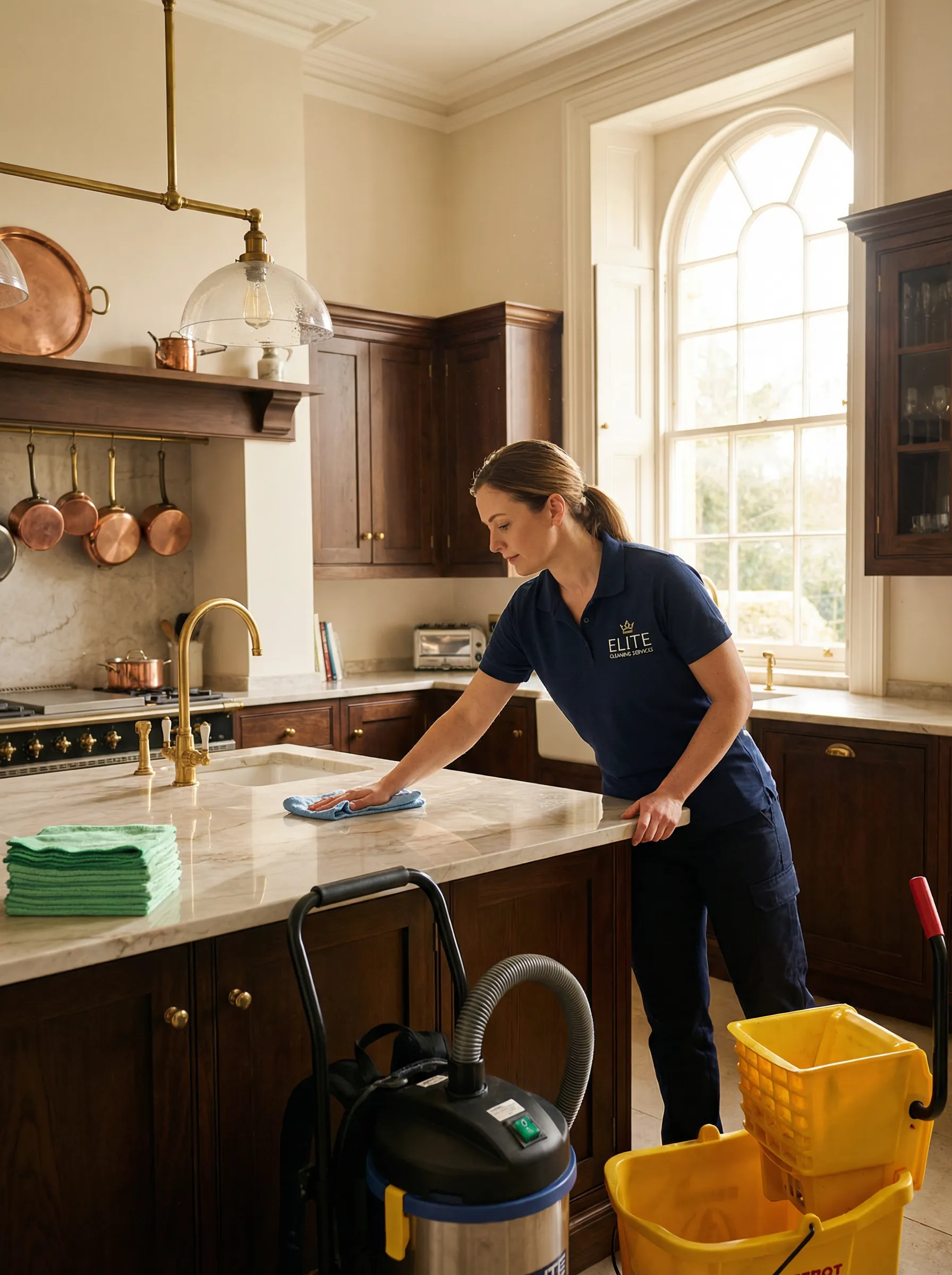 Professional cleaner removing builders dust from surfaces in a Hampstead NW3 Victorian property