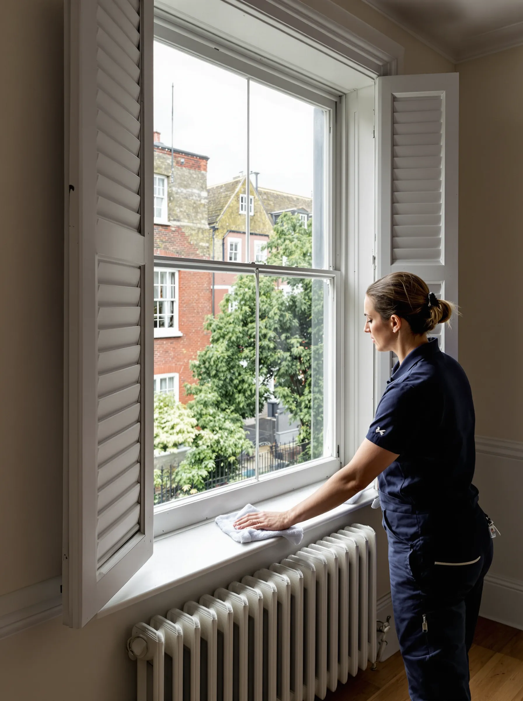 Professional cleaner removing builders dust from surfaces in a Hampstead NW3 Victorian property