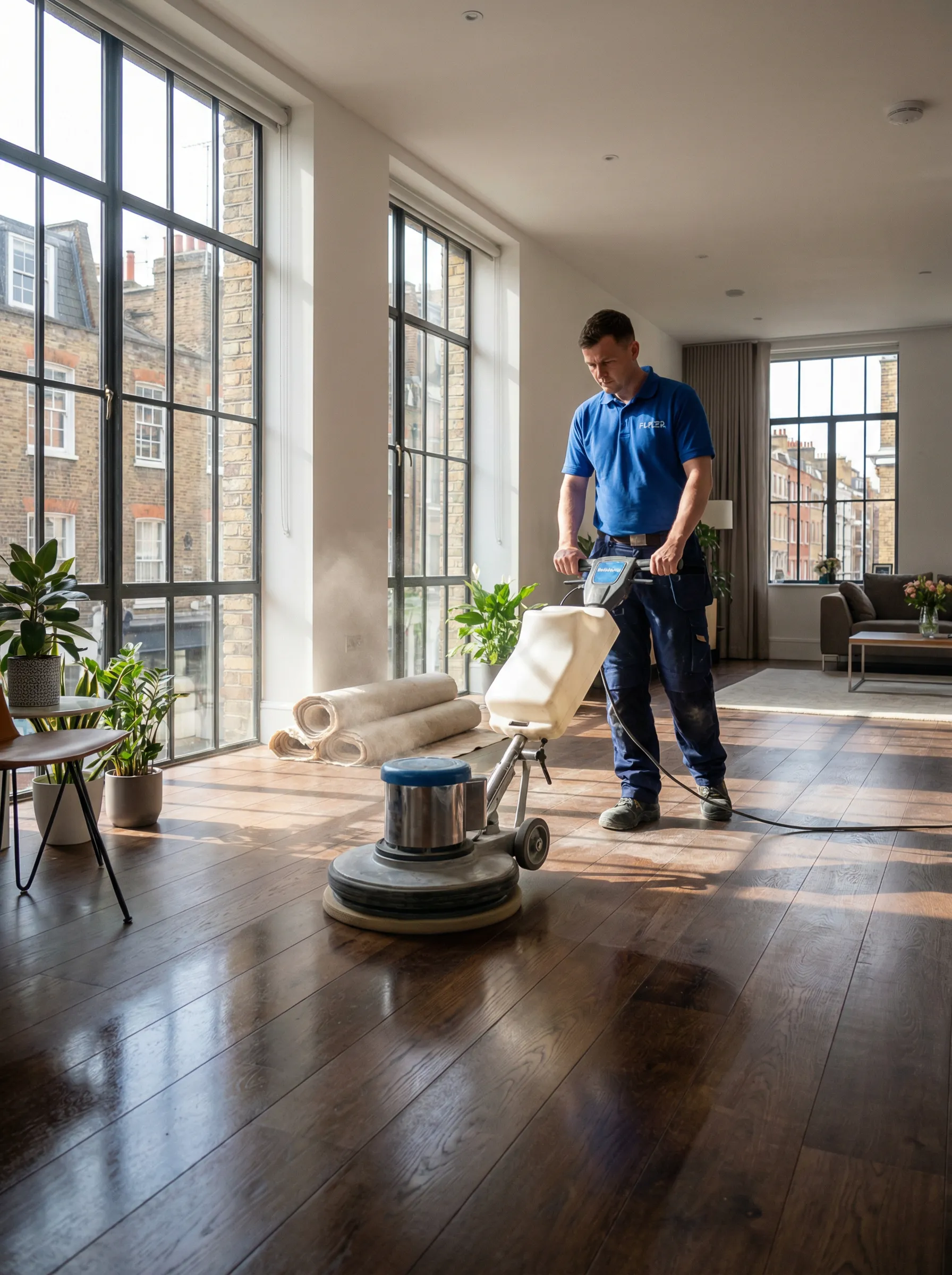 After builders cleaning professional polishing hardwood floors in a Holland Park W11 luxury apartment