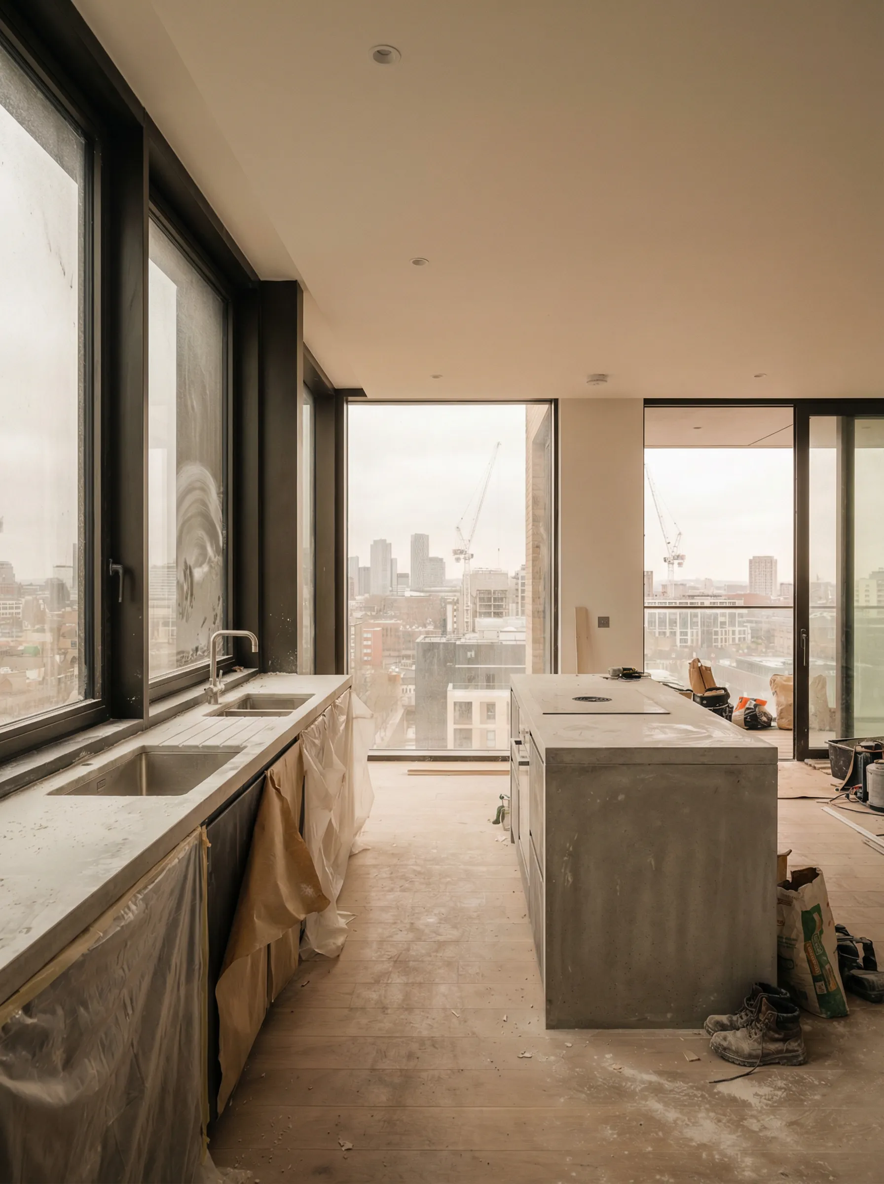 London apartment covered in construction dust before professional after builders cleaning