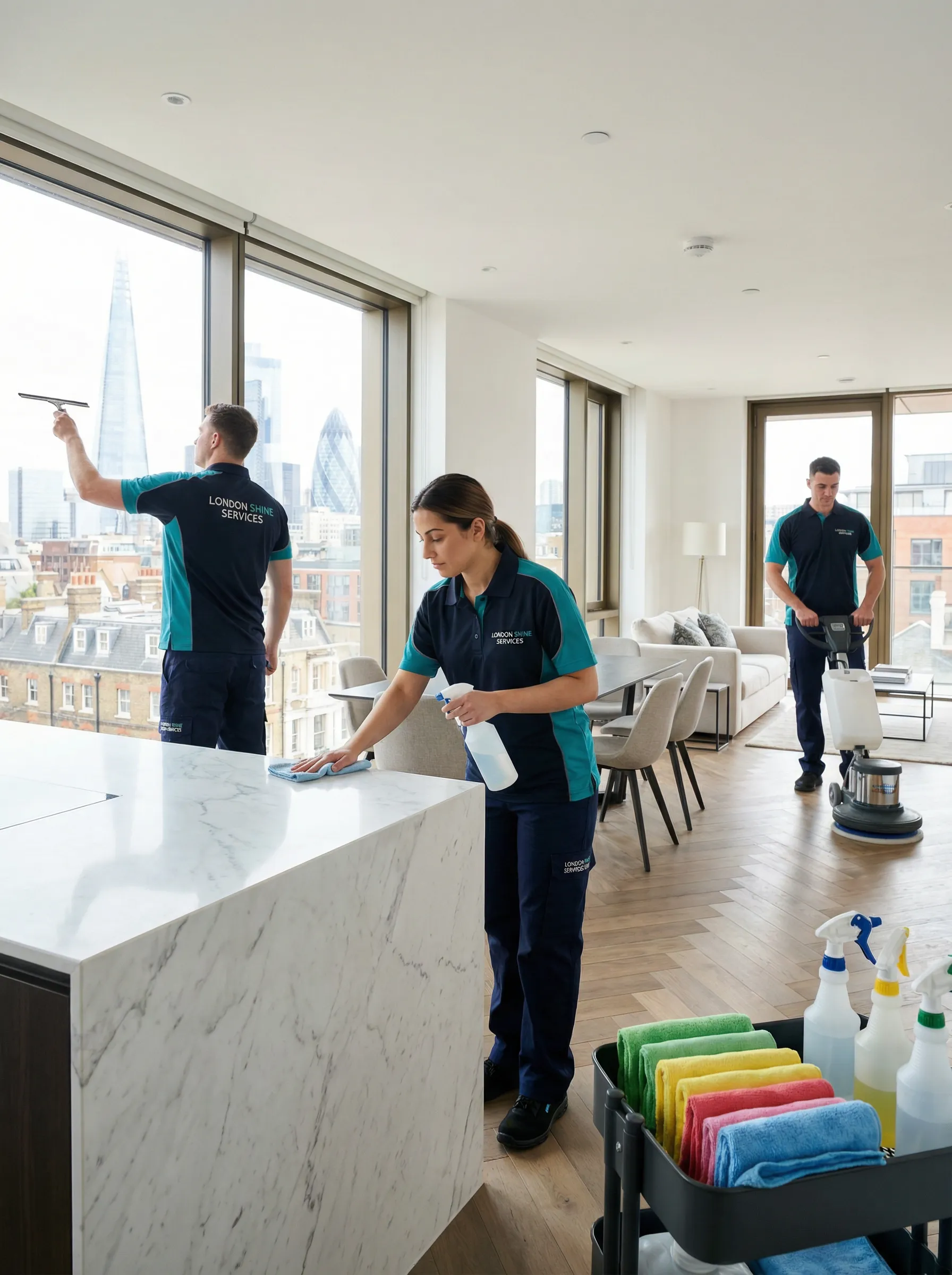 Professional after builders cleaning team in branded uniforms cleaning a London apartment
