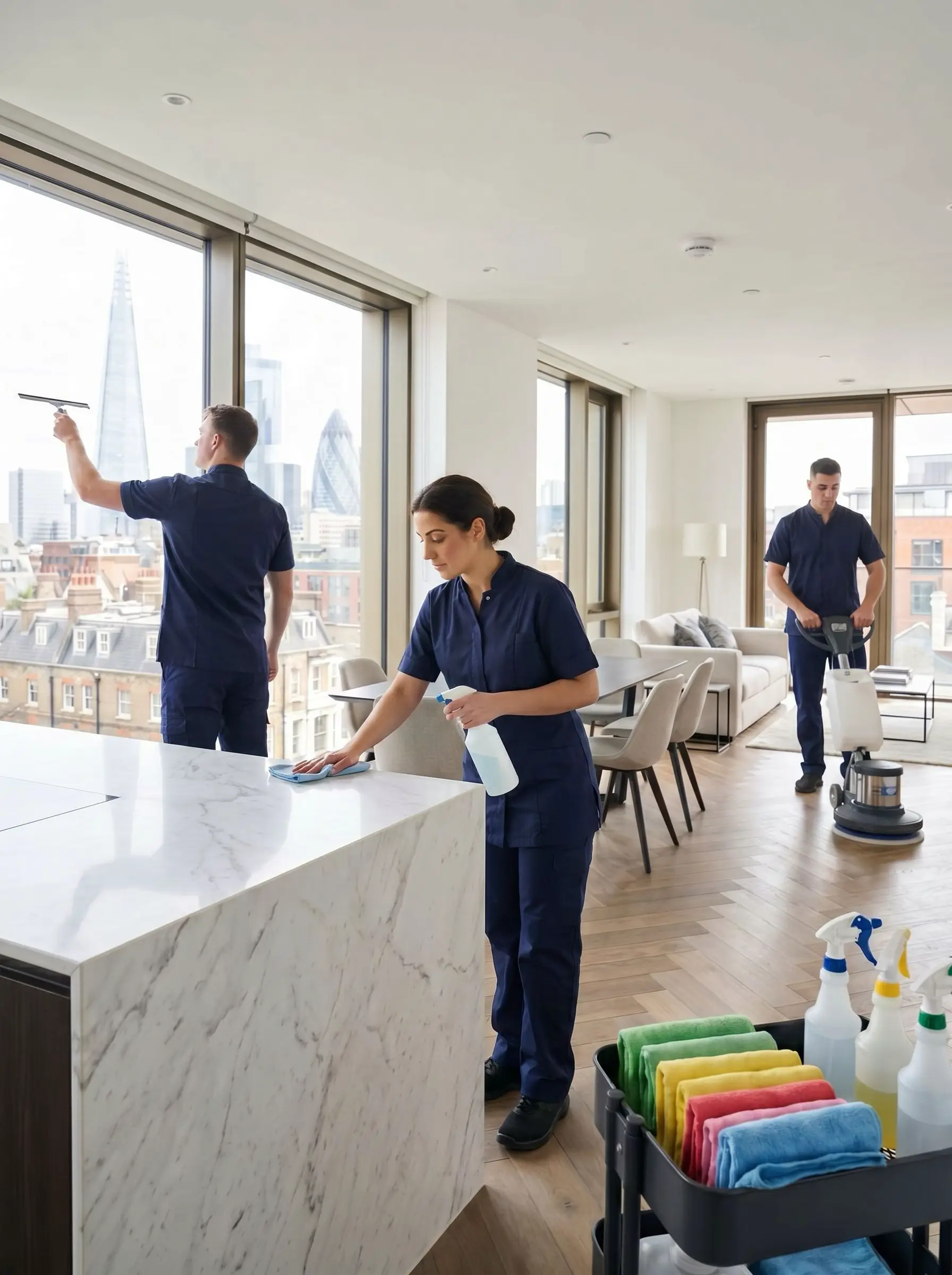 Professional after builders cleaning team in navy uniforms cleaning a London apartment