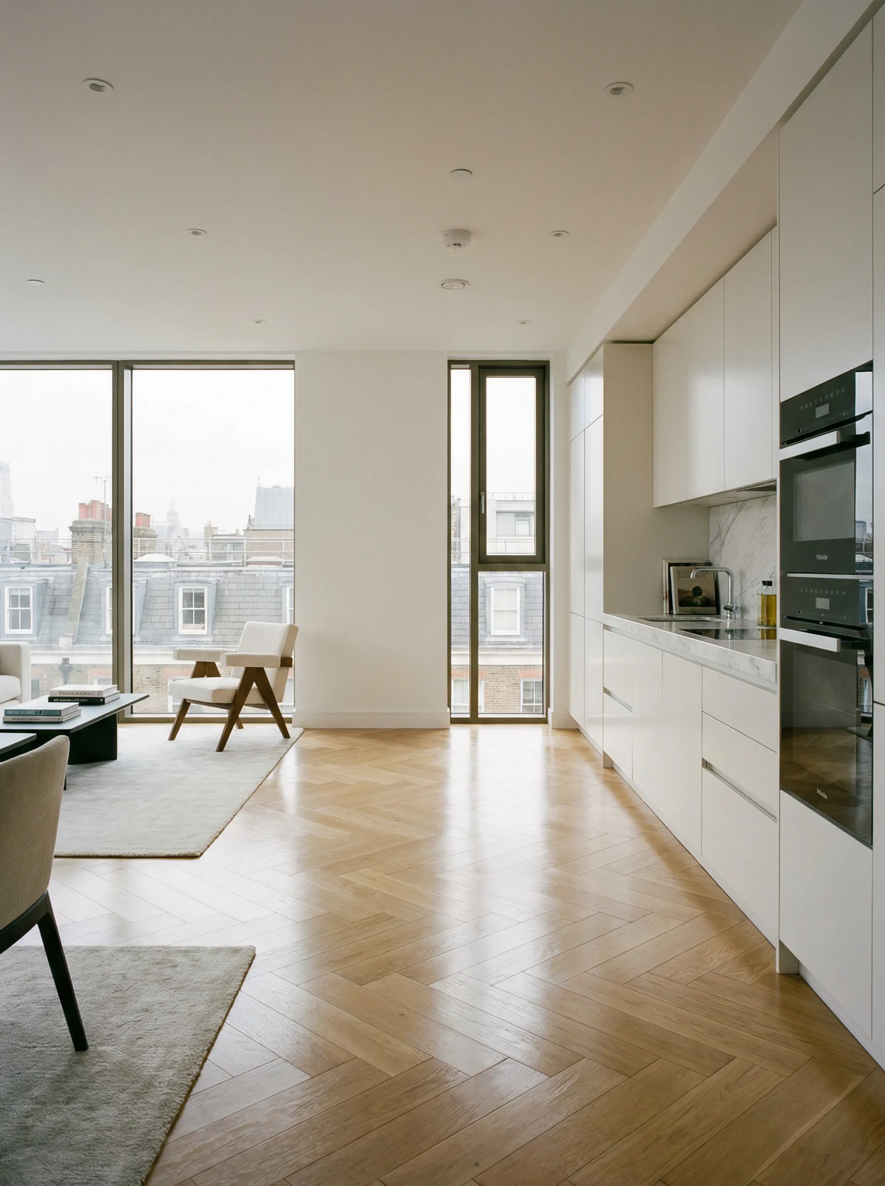 Immaculate London apartment with gleaming herringbone floors after professional post-construction cleaning