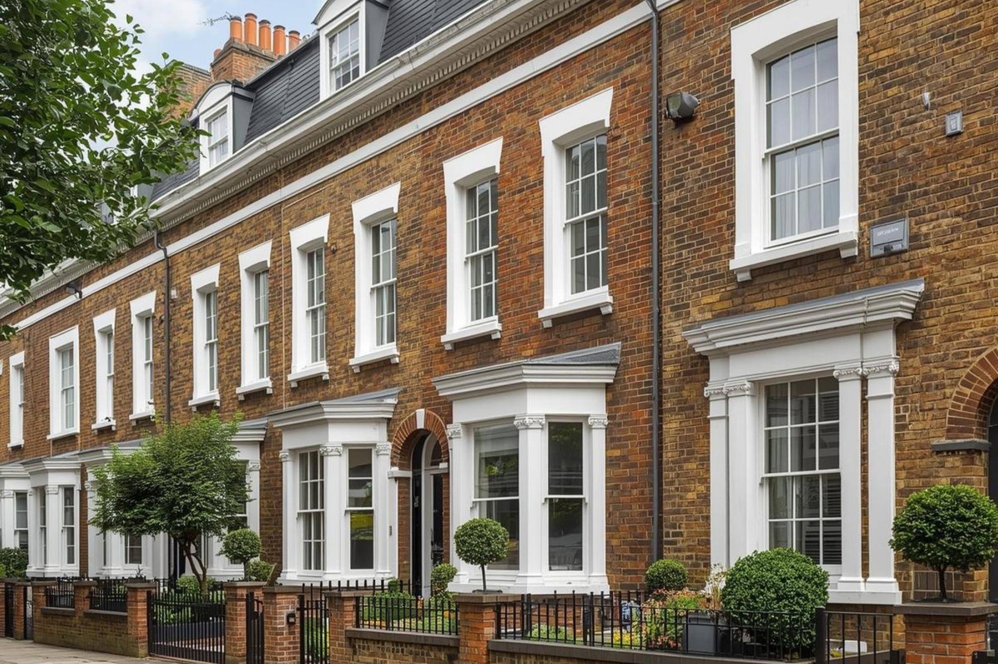 Traditional Fulham street with iconic red double-decker bus