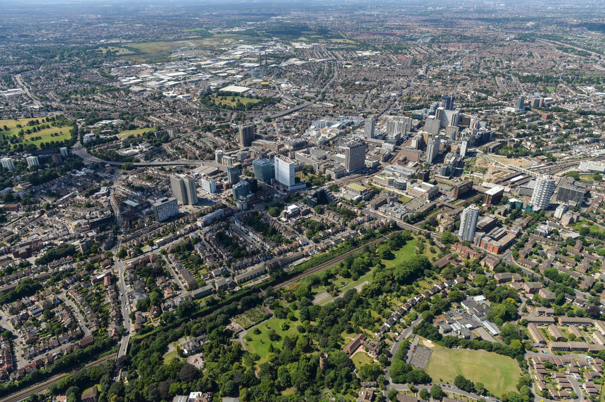 Aerial view of Croydon showing urban development and residential neighborhoods