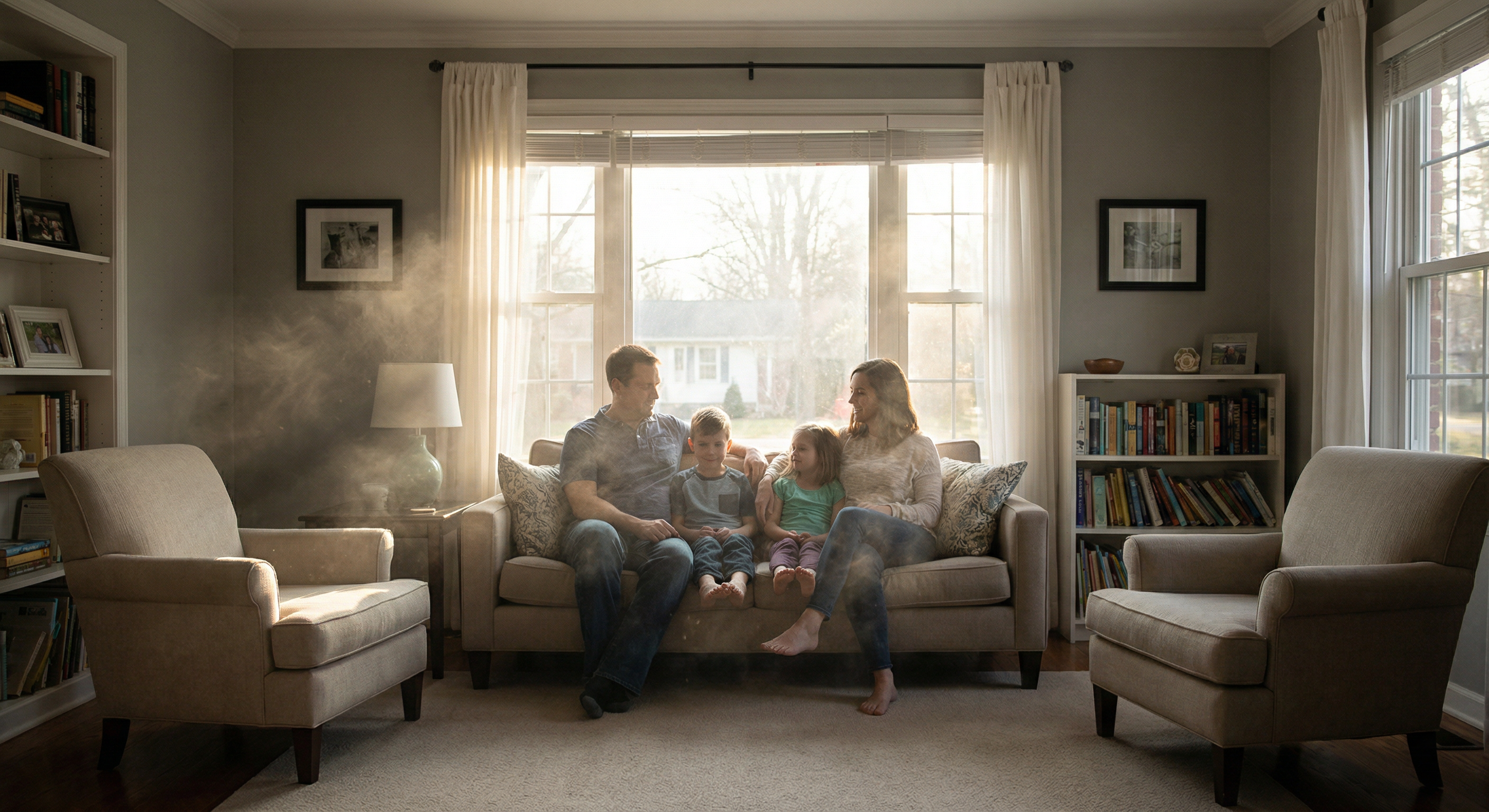 Family in a living room with a ghostly overlay of dust particles representing hidden risks