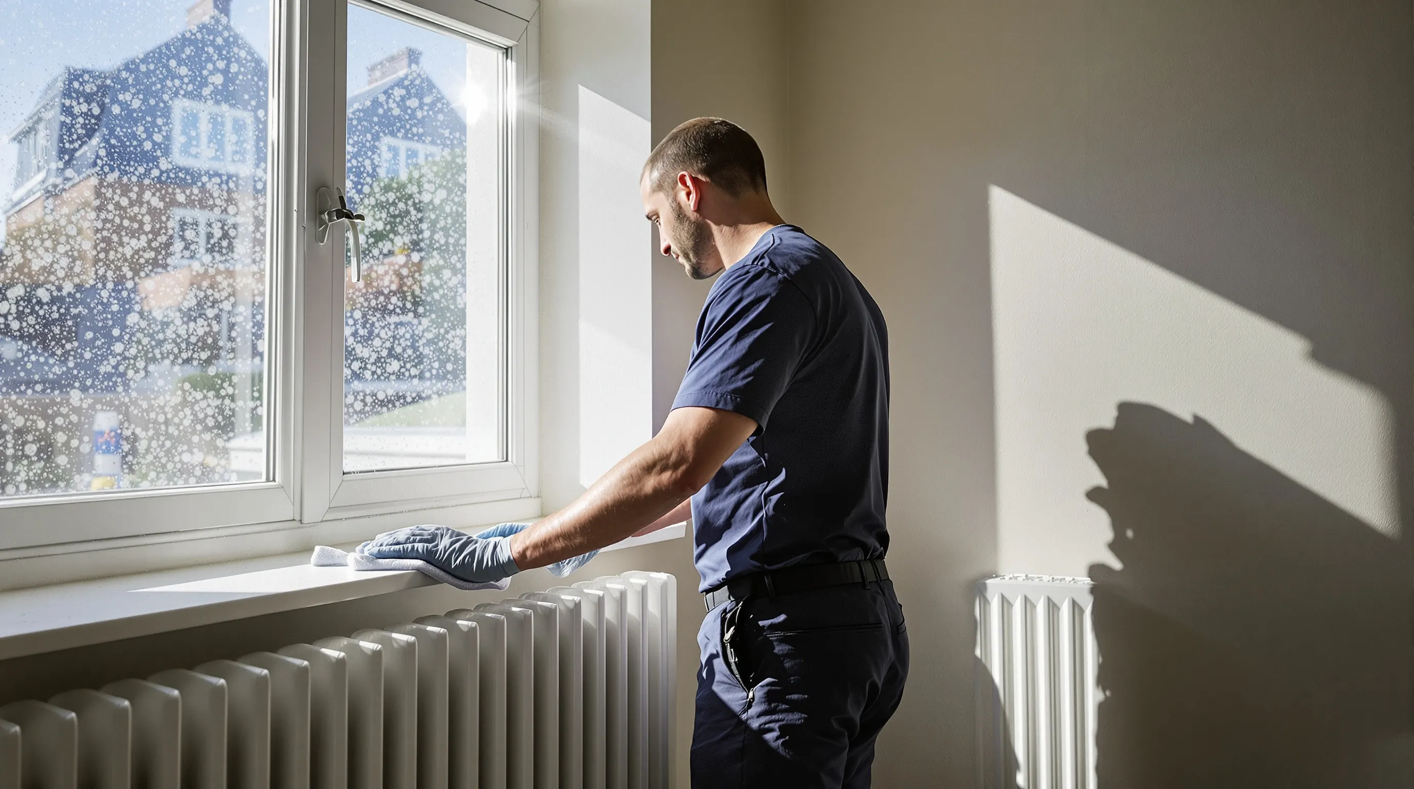 Fine builders dust floating in sunlight through a sash window while a cleaner wipes the sill in a freshly plastered London bedroom