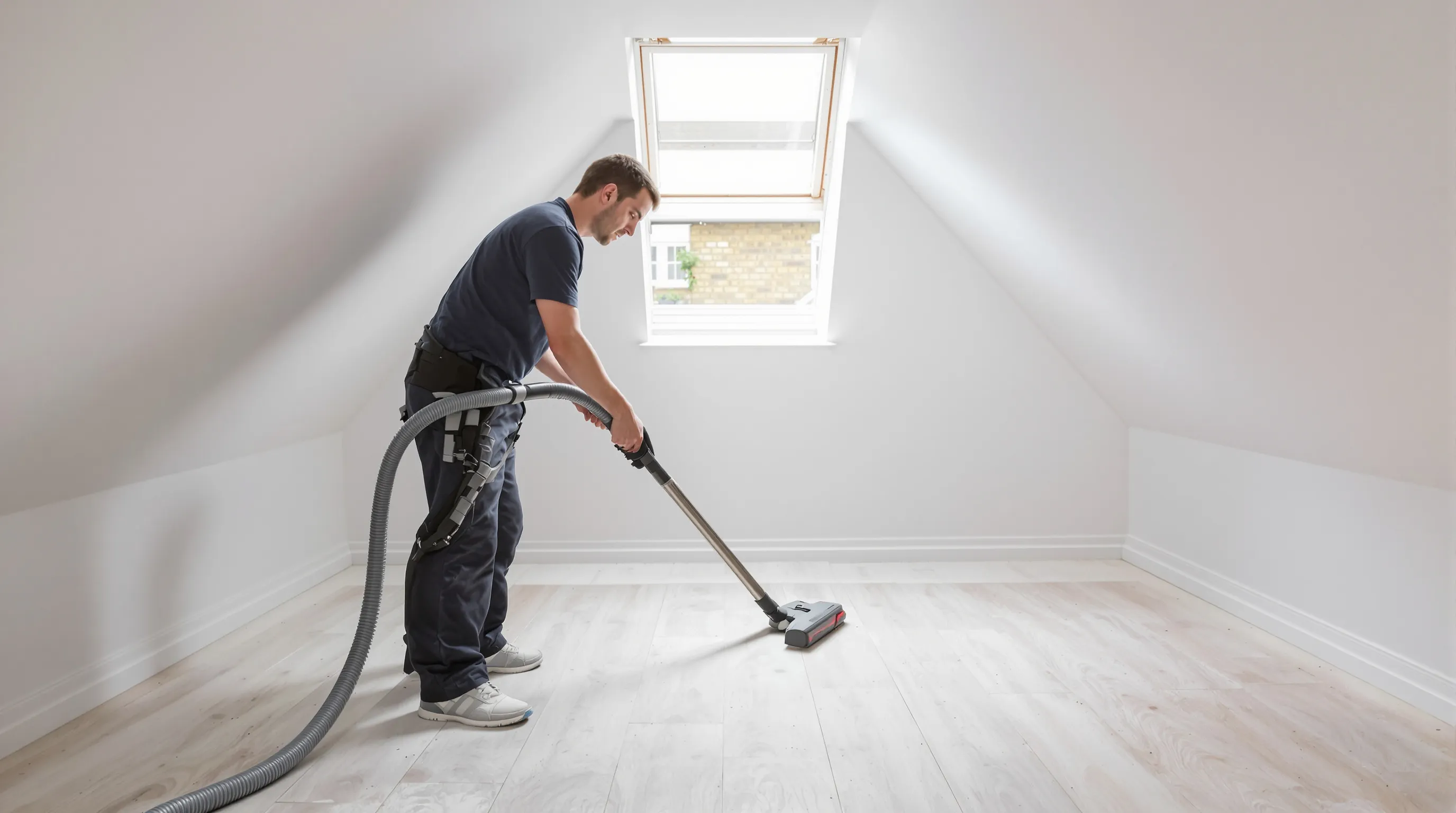 Cleaner in navy uniform vacuuming plaster dust from the floorboards of a new loft conversion in an Islington terrace