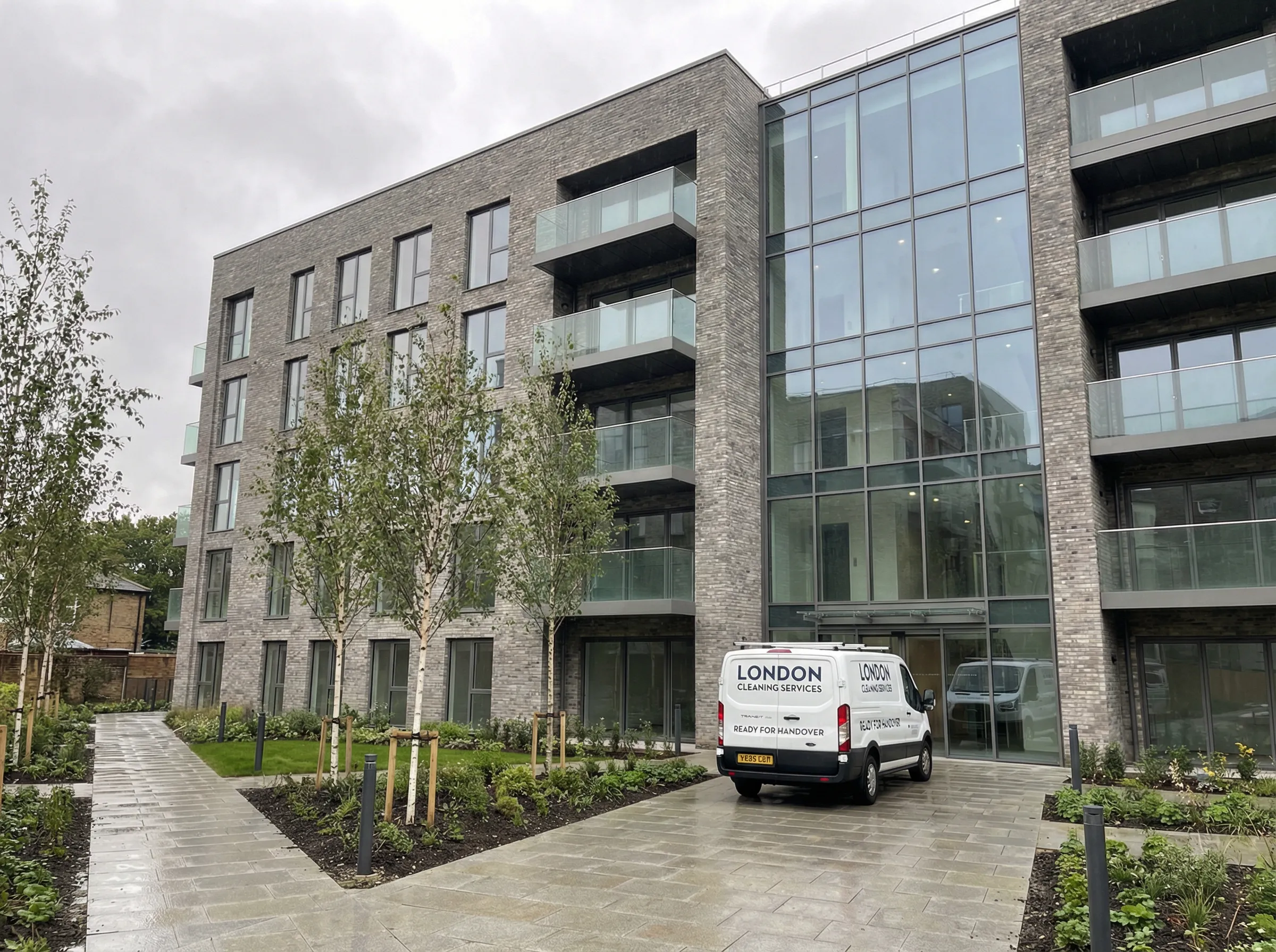 Modern London new build development with after builders cleaning van outside