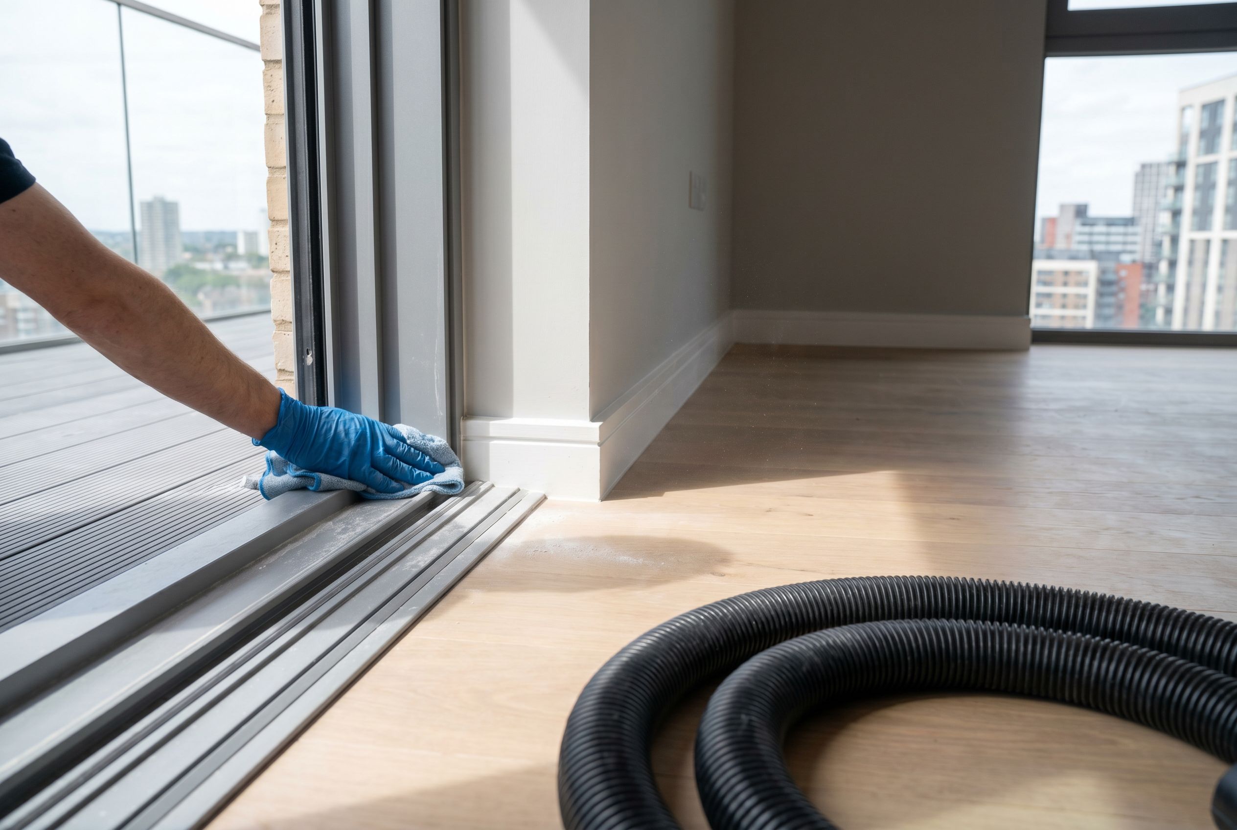 Close-up new build handover cleaning in Croydon with a cleaner removing dust from window tracks and skirting