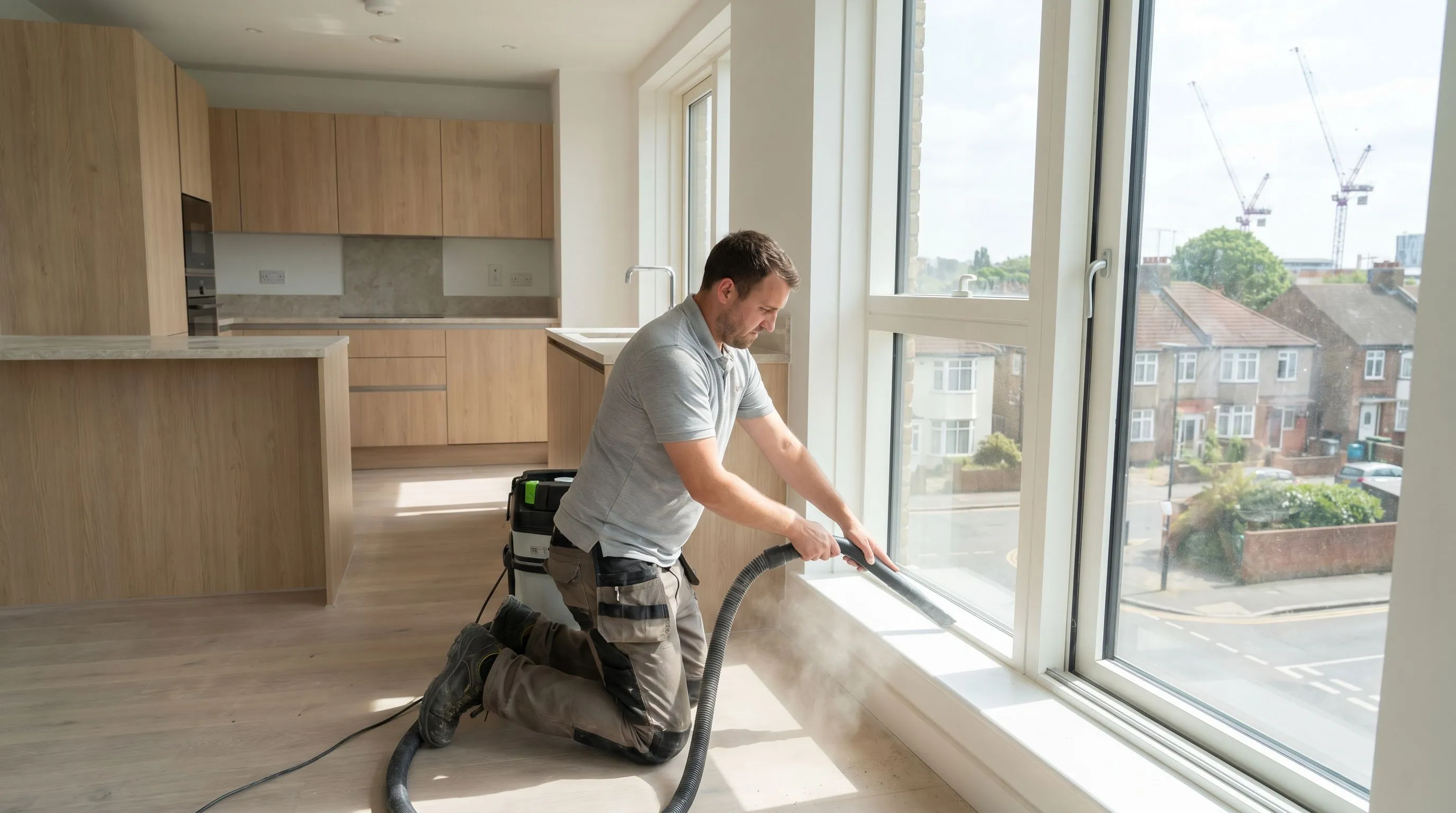 Professional new build handover cleaning in a Croydon apartment before client sign-off