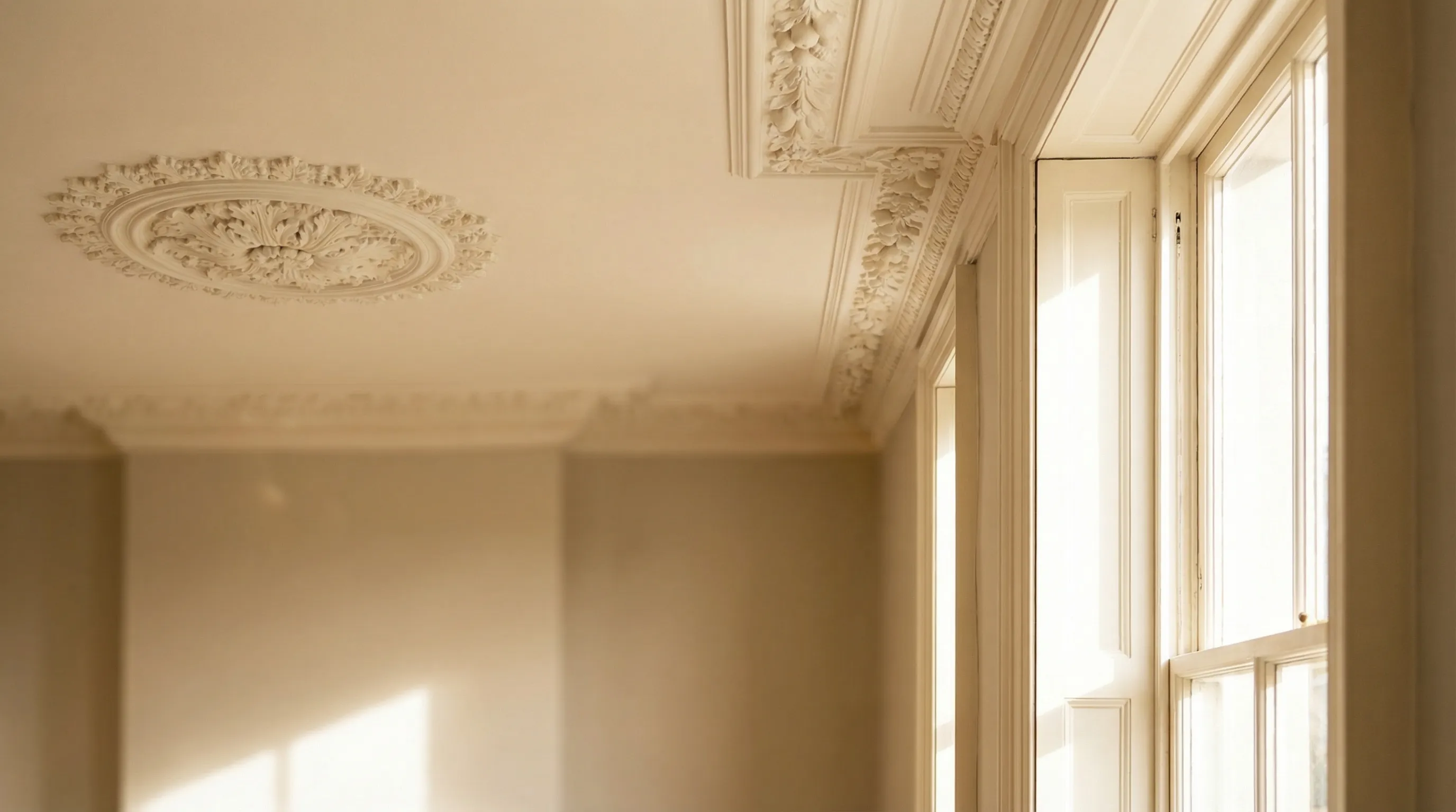 Ornate Georgian cornicing detail in a Chelsea townhouse after professional post-construction dust removal