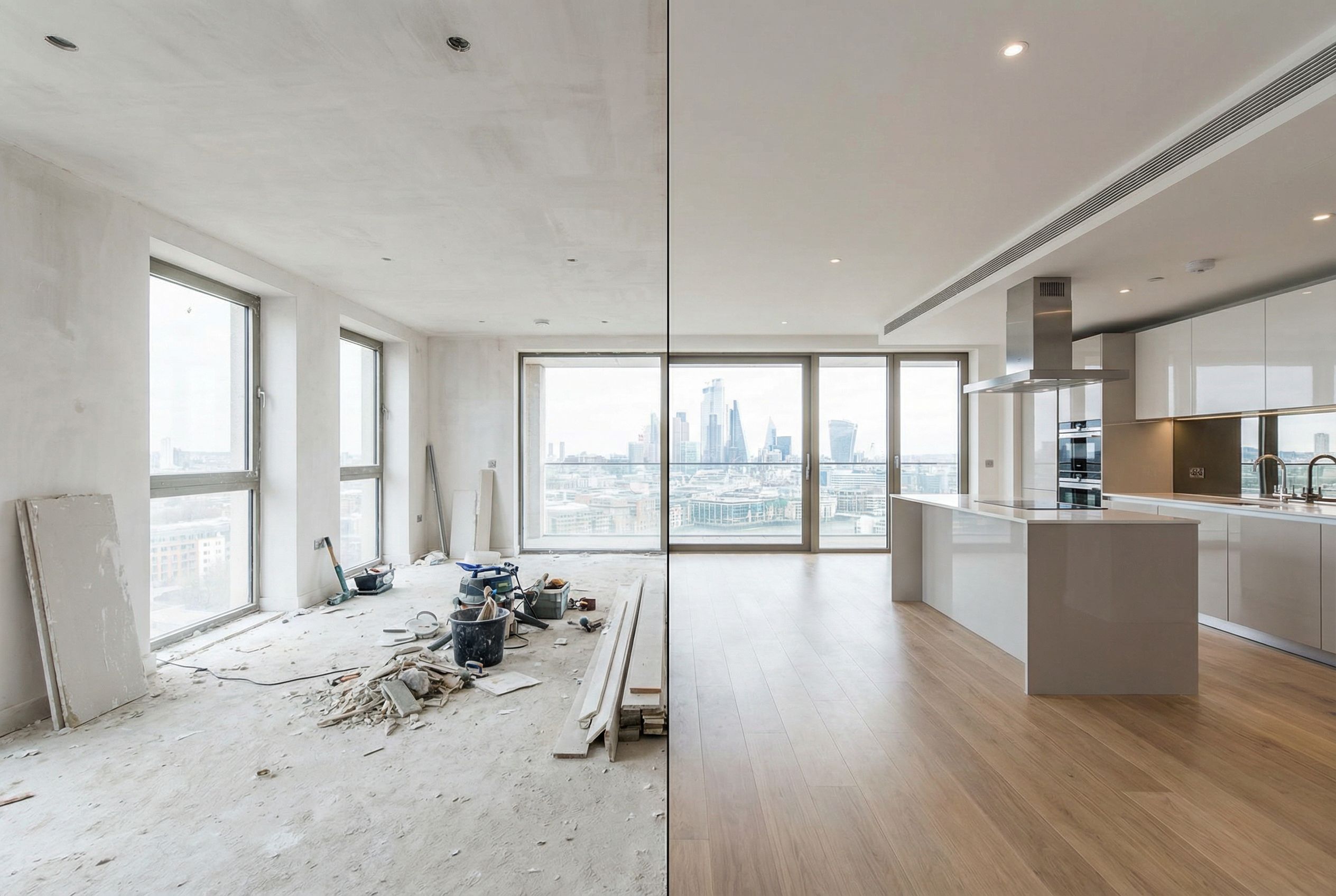 London apartment showing the transformation from dusty construction site to polished living space during post construction cleaning