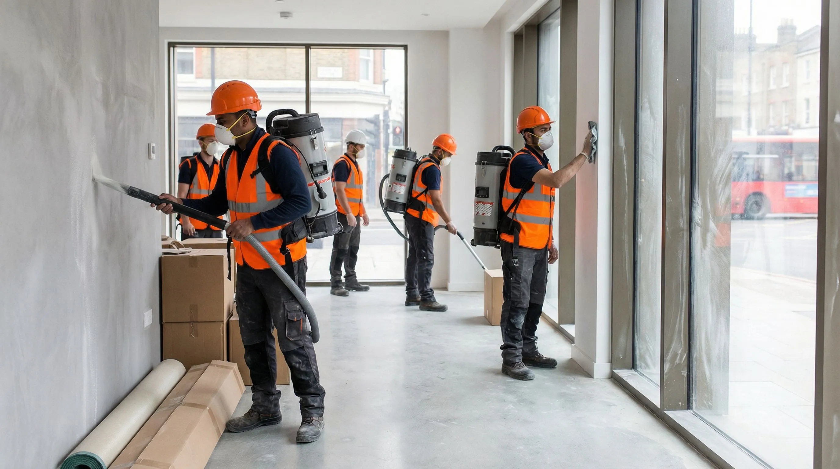 Professional cleaning team performing post construction cleaning in a newly built London apartment