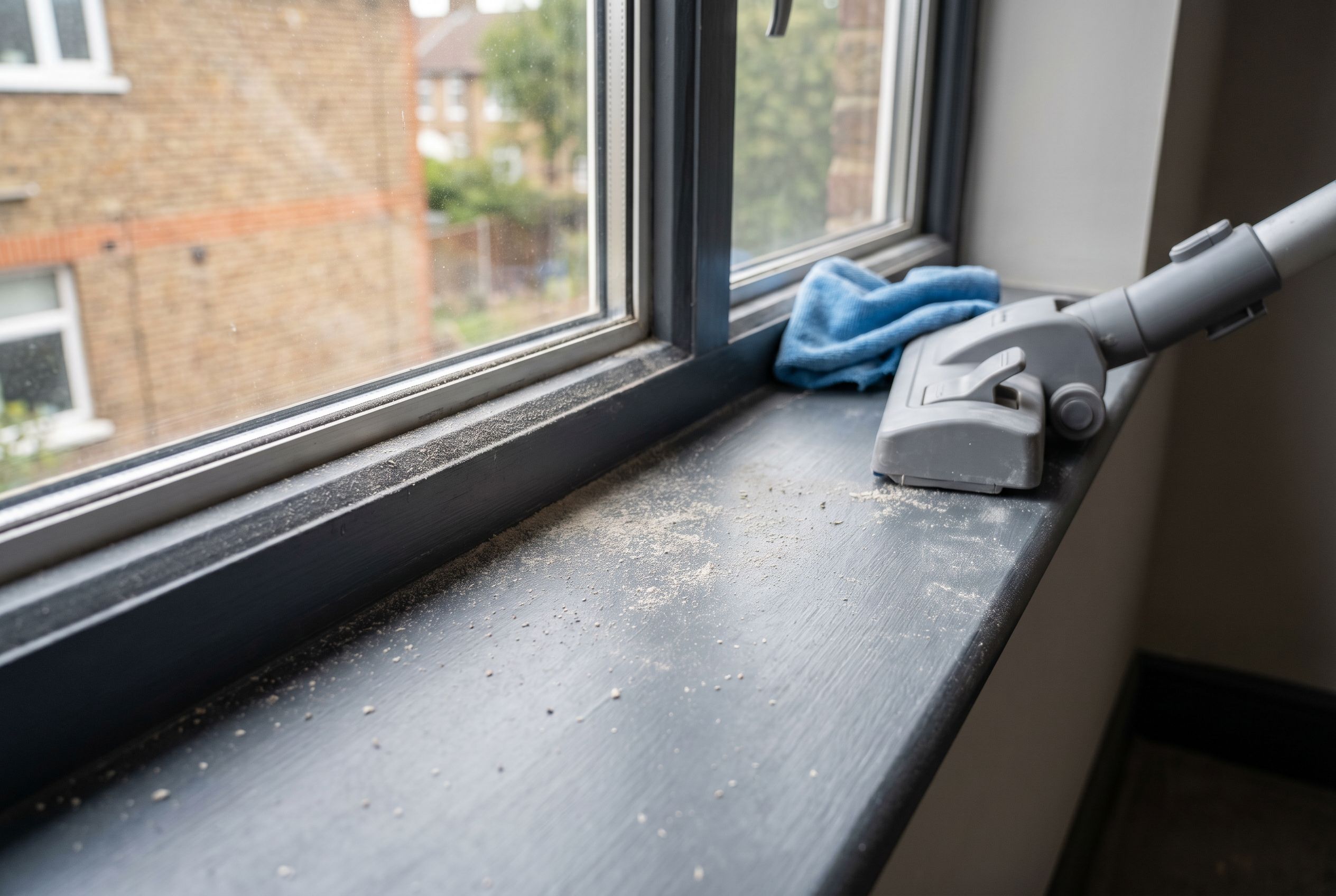 Fine construction dust in a window track before post renovation cleaning