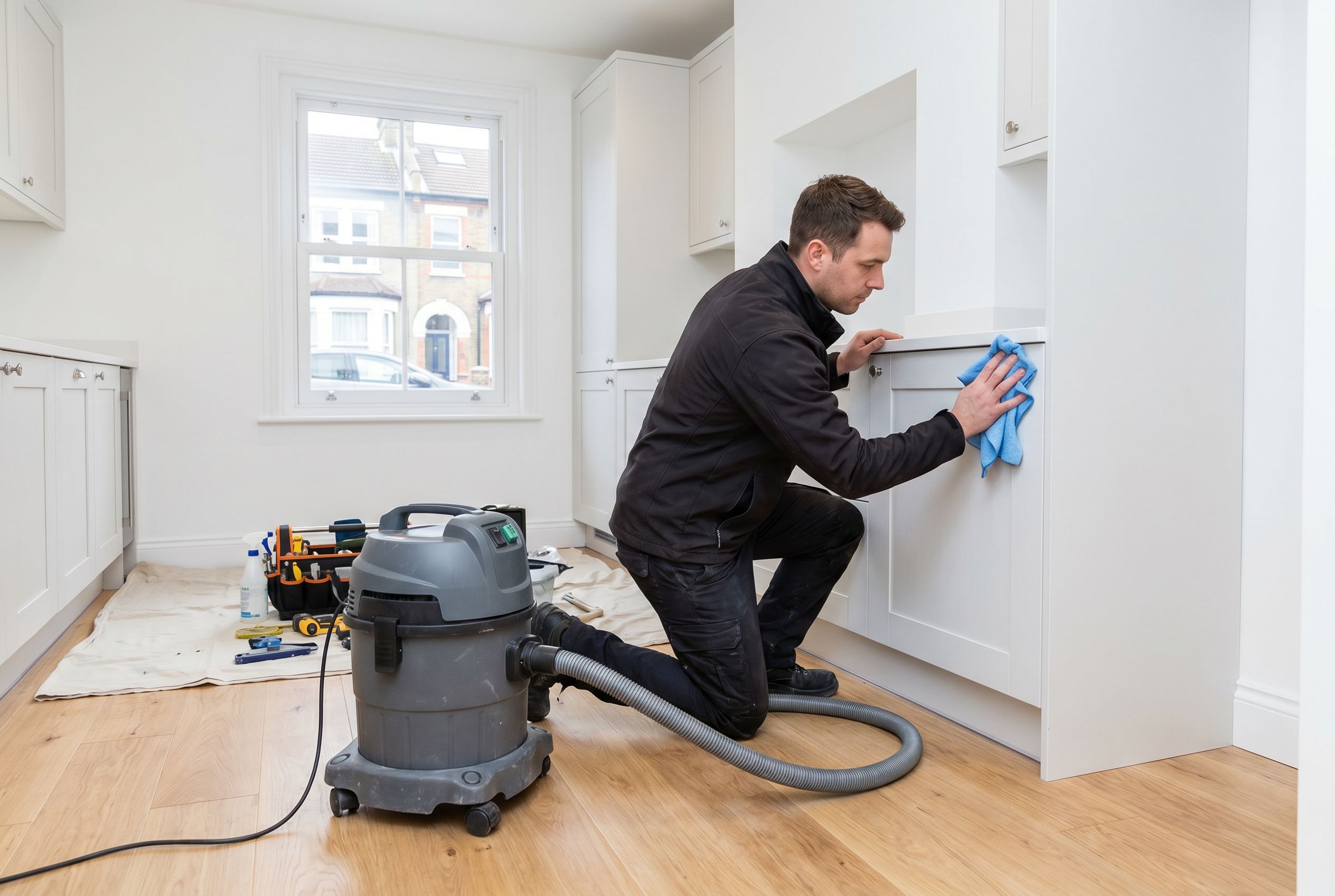 Professional cleaner carrying out post renovation cleaning in a freshly renovated UK home