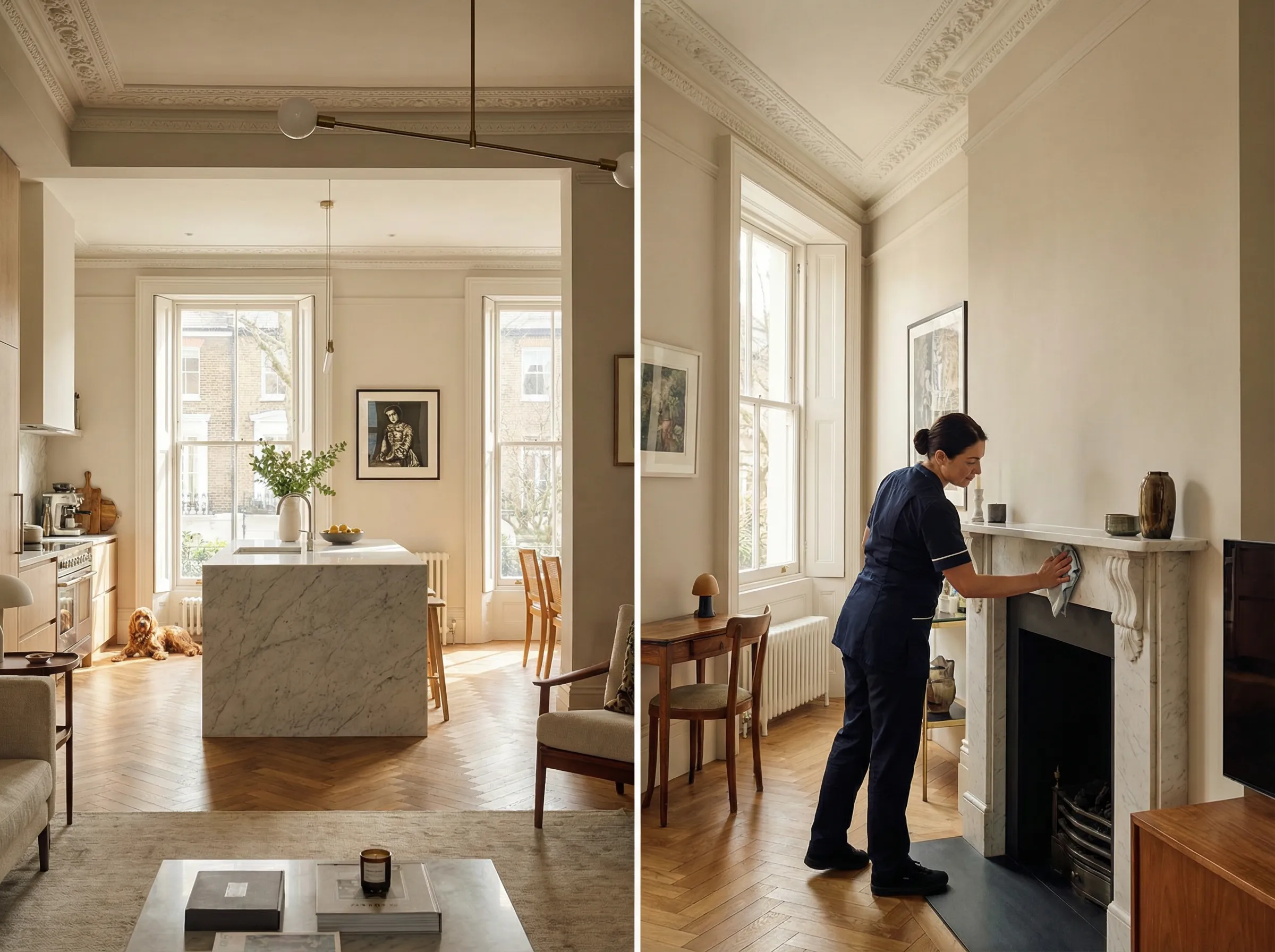 Professional cleaner polishing marble fireplace in luxury London Victorian terrace home
