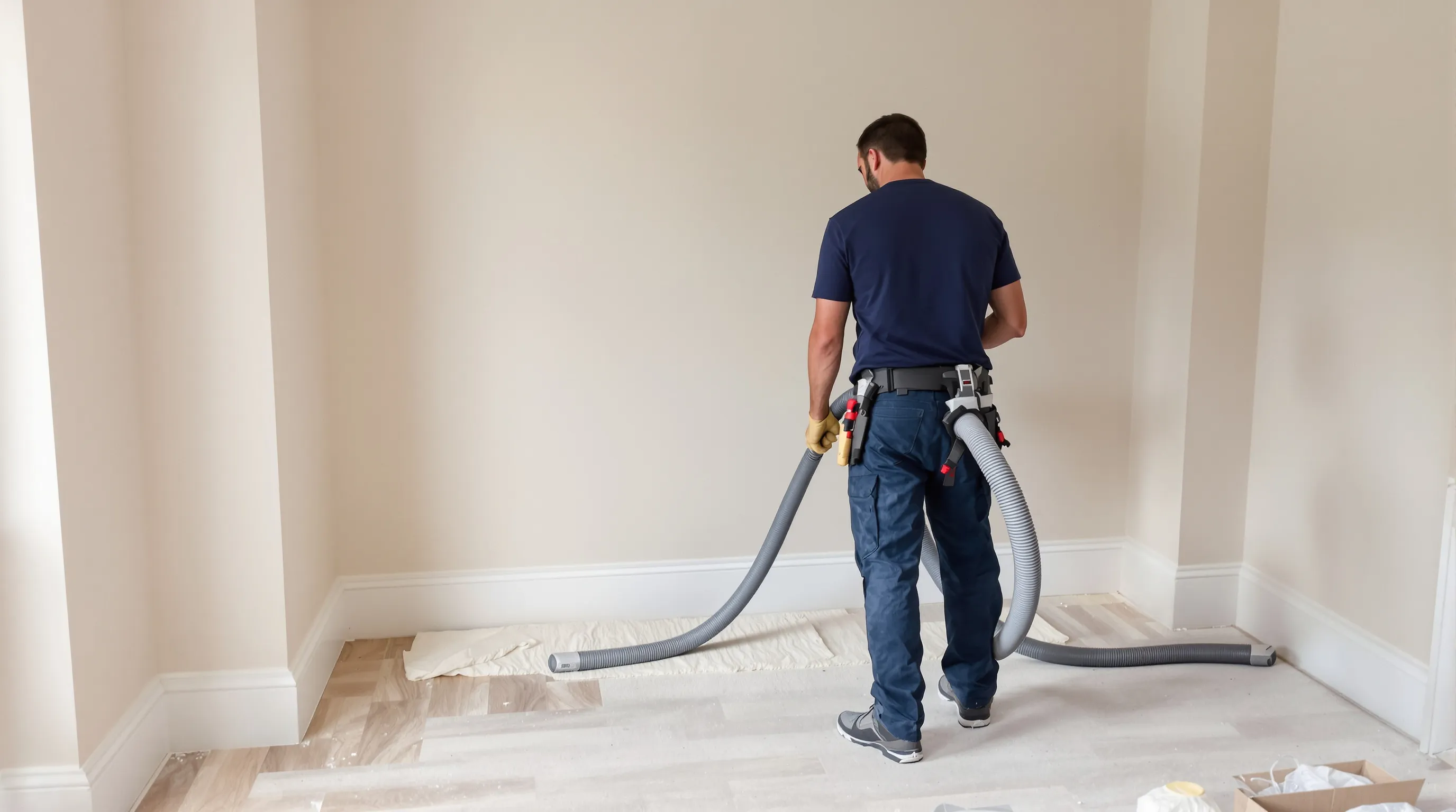 Cleaner vacuuming plaster dust from the skirting boards of a newly renovated London living room during a builders clean